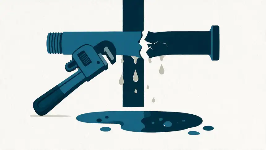 A pipe wrench on a burst pipe, dripping into a puddle