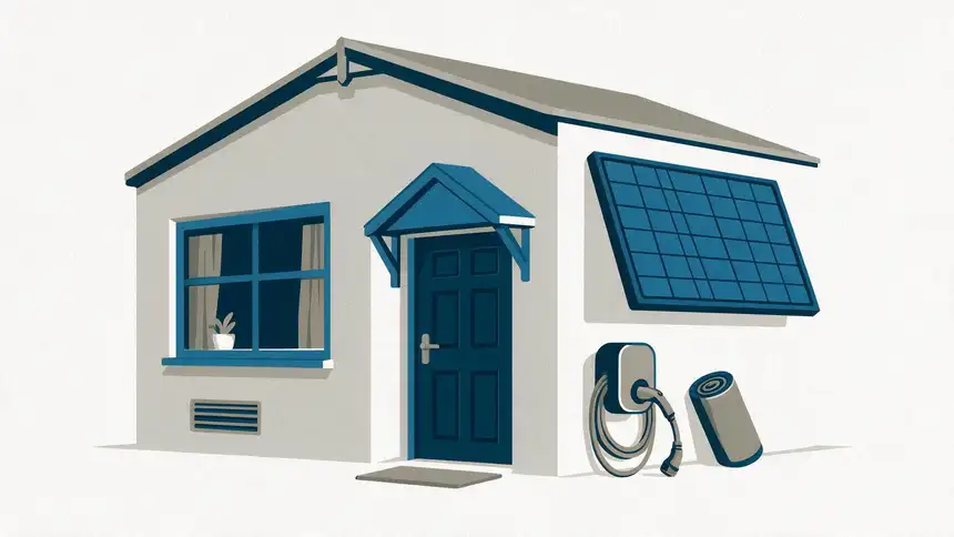 An electric-car charger, a solar panel and a roll of insulation
